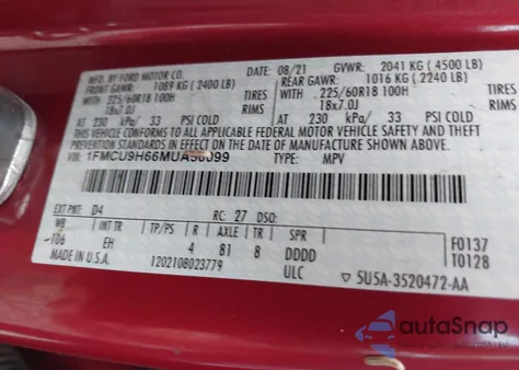 2021 Ford Escape Sel from USA, damaged, VIN 1FMCU9H66MUA50099